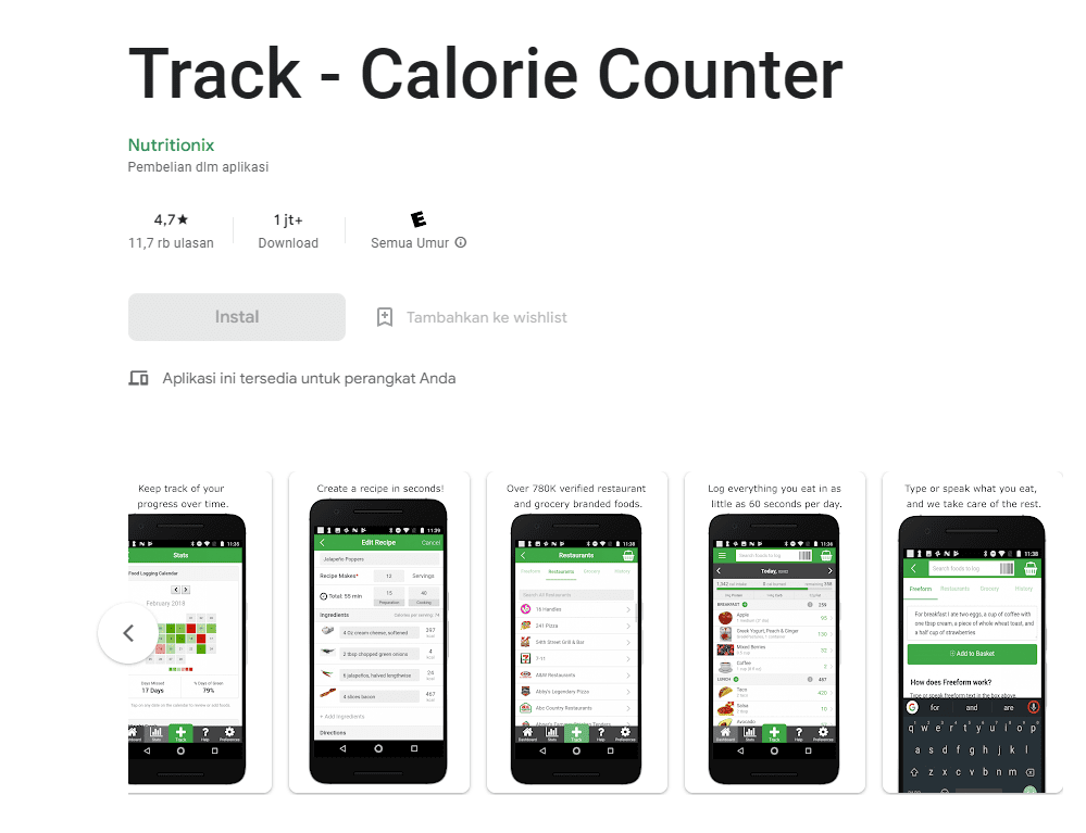 Aplikasi penghitung kalori makanan Nutritionix Track 